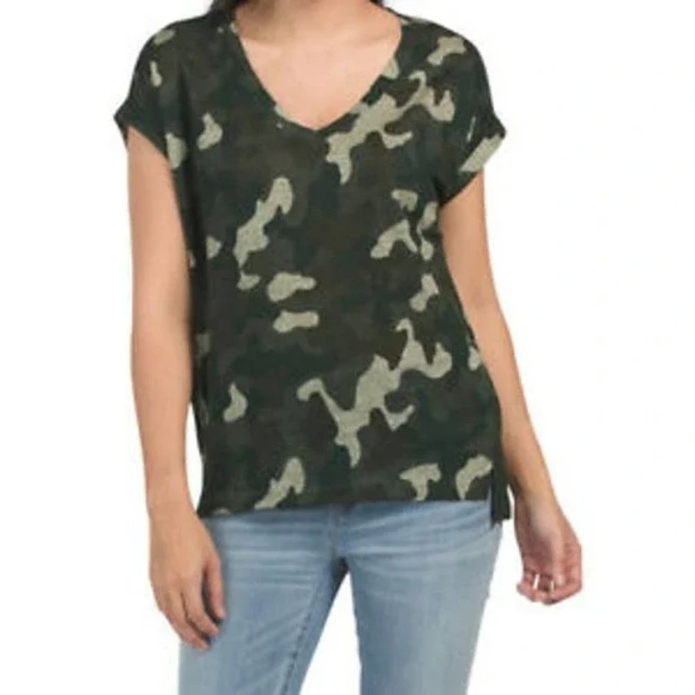 C&C California 100% linen knit tee T-shirt top Sz XS Camo green short sleeve